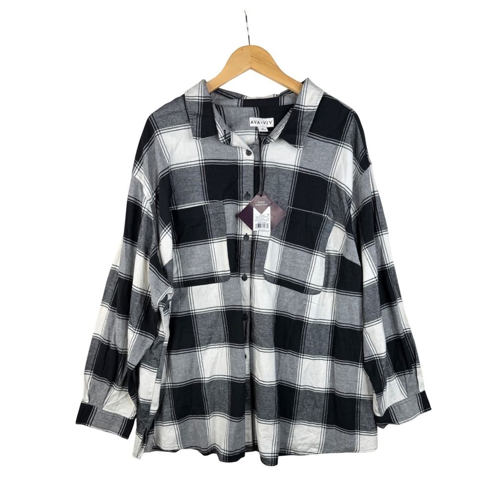 New AVA & VIV Checkered‎ Long Sleeve Button Down Shirt size 3X Black/White